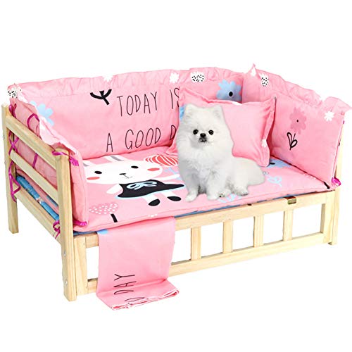 La La Pet Wooden Dog Bed Elevated Pet Sofa Raised Dog Kennel with Fence Pillows Mattress and Bedding for Small Medium Dogs Cats(Pink,XL)