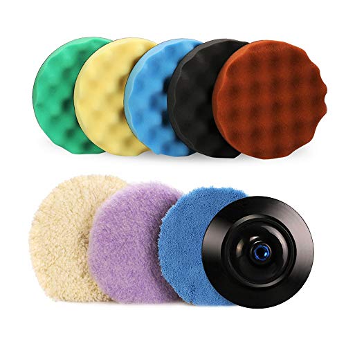 SPTA 7''/180mm Polishing Buffing Pad Kit with 5 Waffle Foam 1 Wool Grip Pad and a 5/8