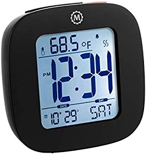 Marathon Small Compact Alarm Clock with Repeating Snooze, Light, Date and Temperature. Batteries Included Travel Collection - CL030058BK (Black)