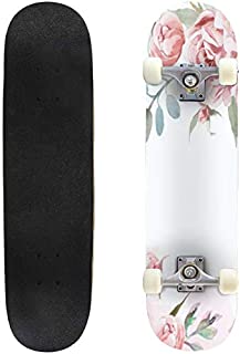 Longboard Watercolor Light Pink Rose Peonies with Gray Grass on White Background Skateboard Boys Girls Beginners Professional Adult Road Brush Street Maple Boards Four-Wheel Sports Skateboard 31