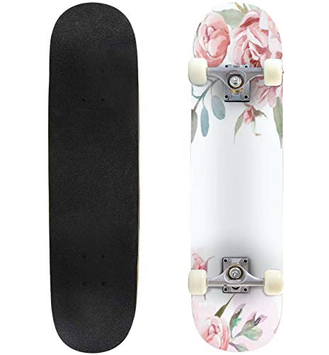 Longboard Watercolor Light Pink Rose Peonies with Gray Grass on White Background Skateboard Boys Girls Beginners Professional Adult Road Brush Street Maple Boards Four-Wheel Sports Skateboard 31