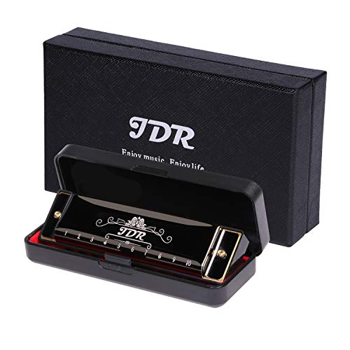 JDR Harmonica Blues Key of C, 10 Hole 20 Tones with 0.8mm Plate Structure for Kids Beginners with Gift Case, Clean Cloth and Manual