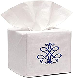 Jacaranda Living Linen/Cotton Tissue Box Cover, French Scroll, China Blue