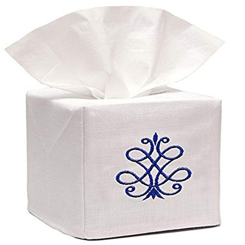 Jacaranda Living Linen/Cotton Tissue Box Cover, French Scroll, China Blue