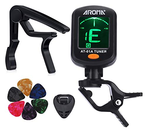 MOREYES Tuner Clip on Chromatic, Guitar, Bass, Violin, Ukulele Include Guitar Capo and Picks and Holder (Tuner+Capo)