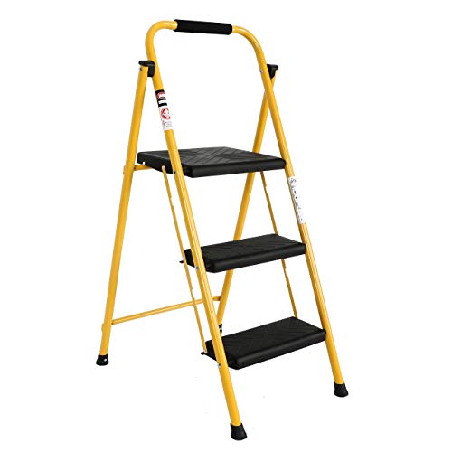 EFINE 3 Step Ladder, Oversized Pedal and Position Lock, High Grade Steel with Smooth Powder Coating, Sturdy and Lightwight, Holding up to 500lbs. (Yellow)