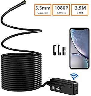 Wireless Endoscope, NIDAGE 5.5mm 2MP WiFi Borescope 1080P HD Semi-Rigid Snake Camera for iPhone Android, Tablet, Motor Engine Sewer Pipe Vehicle Inspection Camera(11.5FT)