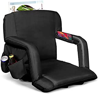 Goplus Foldable Stadium Seat, Portable Reclining Bleacher Chair with Armrest, 5 Adjustable Angles of Back Support, Side Pockets, Ideal for Sporting Events, Beached, Camping (Black)