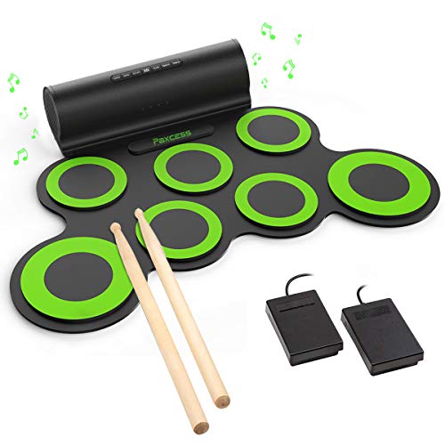 PAXCESS Electronic Drum Set, Roll Up Drum Practice Pad Midi Drum Kit with Headphone Jack Built-in Speaker Drum Pedals Drum Sticks 10 Hours Playtime, Great Holiday Birthday Gift for Kids