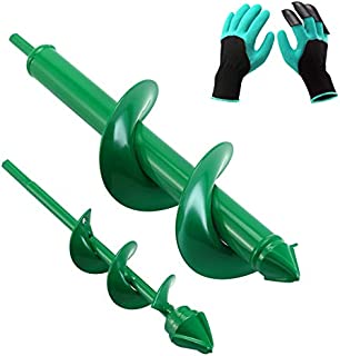 VUDECO Auger Drill Bit 2 PCS Set with Garden Genie Gloves for Planting Hole Drill Planter Auger Spiral Hole Drill Bit Bulb Bedding Digging Post Holes Planting Tool (11.8