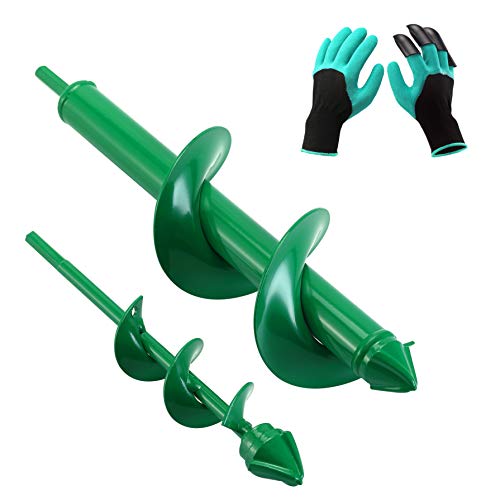 VUDECO Auger Drill Bit 2 PCS Set with Garden Genie Gloves for Planting Hole Drill Planter Auger Spiral Hole Drill Bit Bulb Bedding Digging Post Holes Planting Tool (11.8