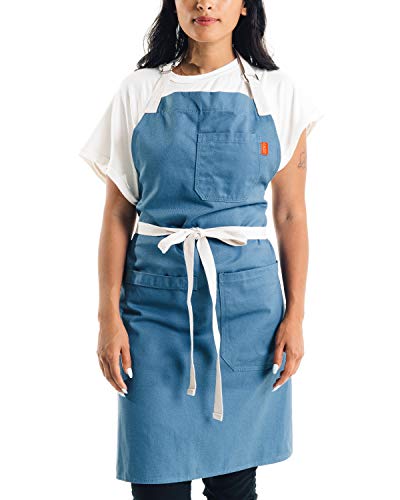 Caldo Daily Cotton Kitchen Apron for Cooking - Mens and Womens Professional Chef or Server Bib Apron - Adjustable Straps with Pockets and Towel Loop (Vintage Blue)