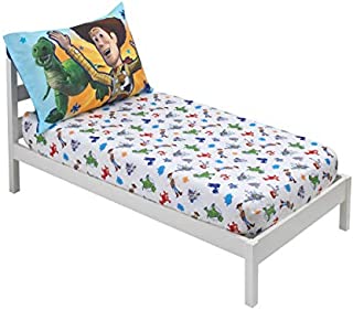 Disney 2 Pack Toddler Fitted Crib Sheet & Standard Size Pillowcase Set, Toy Story 4, Blue, Green, Red, White