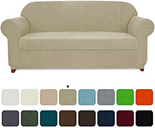 subrtex Sofa Cover 2 Piece Stretch Couch Slipcovers Furniture Protector for Armchair Loveseat Washable Soft Jacquard Fabric Anti Slip, Large, Sand