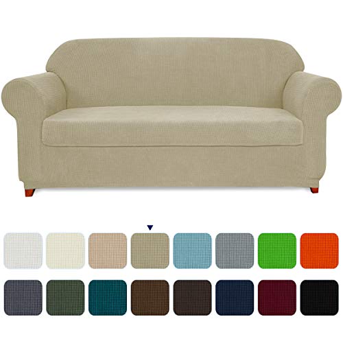 subrtex Sofa Cover 2 Piece Stretch Couch Slipcovers Furniture Protector for Armchair Loveseat Washable Soft Jacquard Fabric Anti Slip, Large, Sand