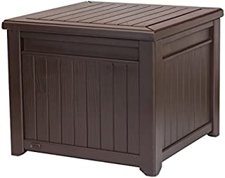 Keter 55 Gallon Resin Wood Look Deck Box and Side Table  Organization and Storage for Outdoor Patio Furniture Cushions Garden Tools, and Pool Toys, Brown