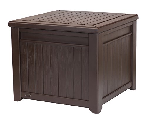 Keter 55 Gallon Resin Wood Look Deck Box and Side Table  Organization and Storage for Outdoor Patio Furniture Cushions Garden Tools, and Pool Toys, Brown