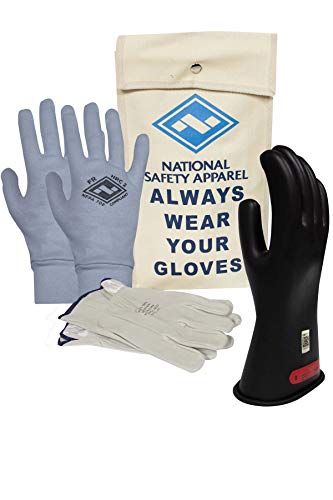 National Safety Apparel Class 0 Black Rubber Voltage Insulating Glove Premium Kit with FR Knit Glove and Leather Protectors, Max. Use Voltage 1,000V AC/ 1,500V DC (KITGC011AG)