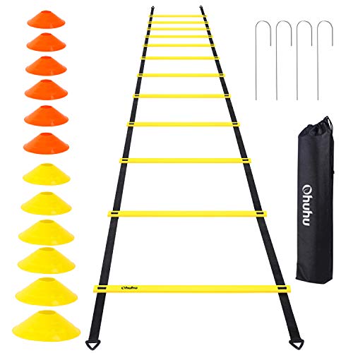 Ohuhu Speed Training Ladder Agility Training Set - 12 Rung 20Ft Agility Ladder and 12 Field Cones,4 Steel Stakes & Carrying Bag,Footwork Equipment for Soccer Football Boxing Drills