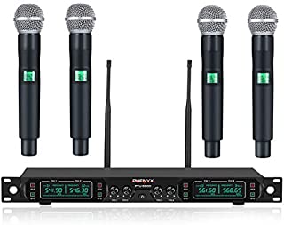 Wireless Microphone System, Phenyx Pro 4-Channel UHF Cordless Mic Set With Four Handheld Mics, All Metal Build, Fixed Frequency, Long Range 260ft, Ideal for Church,Karaoke,Weddings, Events (PTU-5000A)