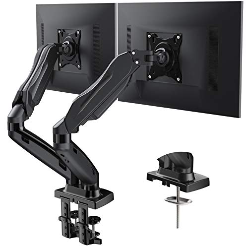 Huanuo Dual Monitor Stand - Adjustable Spring Monitor Desk Mount Swivel Vesa Bracket with C Clamp, Grommet Mounting Base for 17 to 27 Inch Computer Screens - Each Arm Holds 4.4 to 14.3lbs