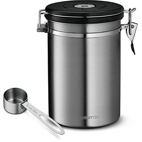 Gourmia GCC9390 Coffee Canister - Stainless Steel Storage container with Airtight Lid, CO2 Vent Valve, Measuring Scoop and Date Tracker Wheel - Holds 1.5lbs Whole Beans or 1.2lbs Grounds, 64 floz