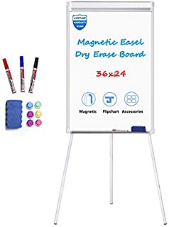 White Board Easel Stand Magnetic Whiteboard Flipchart Tripod Easel Height Adjustable Dry Erase Board with 1 Eraser, 3 Markers, 6 Magnets, 24x36 inches, Silver