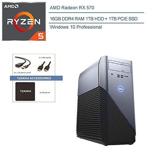 2020 Dell Inspiron 5000 Flagship VR Ready Gaming Desktop Computer, AMD Ryzen 5 1400 Quad-Core, 16GB RAM, 1TB HDD + 1TB PCIE SSD, AMD Radeon RX 570, Recon Blue, Windows 10, YZAKKA Accessories