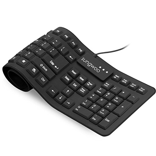 Sungwoo Foldable Silicone Keyboard USB Wired Standard Keyboard Waterproof Rollup Keyboard for PC Notebook Laptop, Full Size (Black)