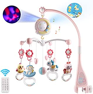 Baby Musical Crib Mobile with Timing Function Projector and Lights,Hanging Rotating Rattles and Remote Control Music Box with 150 Melodies,Toy for Newborn 0-24 Months