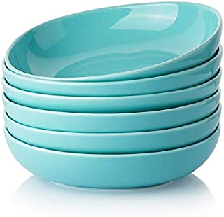 Teocera Porcelain Salad Pasta Bowls - 24 Ounce - Wide and Shallow, set of 6, Turquoise