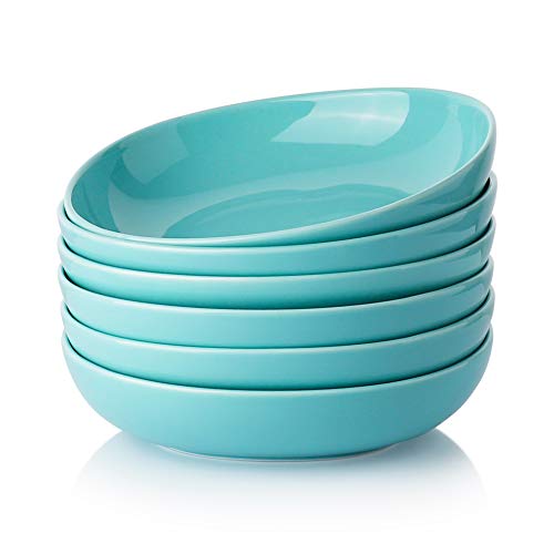 Teocera Porcelain Salad Pasta Bowls - 24 Ounce - Wide and Shallow, set of 6, Turquoise