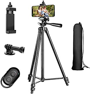 Phone Tripod, 51 Extendable Lightweight Aluminum Phone Tripod Stand with Cell Phone Mount Holder & Bluetooth Remote, Tripod for iPhone/Android/Smartphone & Camera (Black)