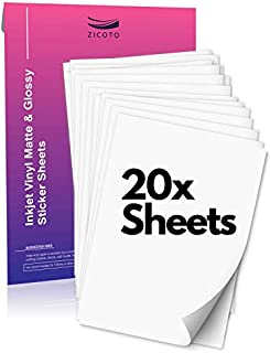 Premium Printable Vinyl Sticker Paper for your Inkjet Printer - 10x Glossy and 10x Matte Waterproof Sheets - Dries Quickly and Holds Ink Beautifully