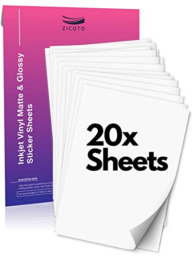 Premium Printable Vinyl Sticker Paper for your Inkjet Printer - 10x Glossy and 10x Matte Waterproof Sheets - Dries Quickly and Holds Ink Beautifully