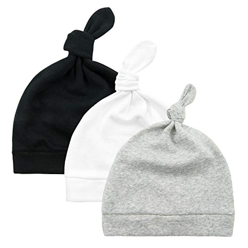 Durio Baby Hats Knot Baby Beanie Newborn Baby Boy Hat Soft Baby Girl Beanies Gifts for Baby Newborn Fall Winter Caps 3 Pack Black & White & Grey One Size Fits 0-6 Months