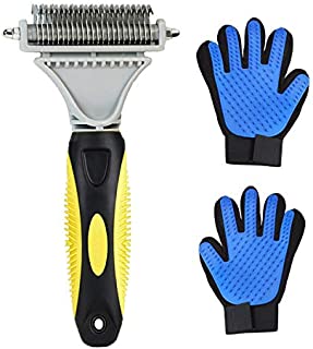 Pet Grooming Tool- Dematting Comb/Grooming Glove Set, 2 Sided Undercoat Grooming Rake for Cats/Dogs, Safely and Easily Removes Matted Tangles, Deshedding Brush Glove- Efficient Pet Hair Remove-2Pack