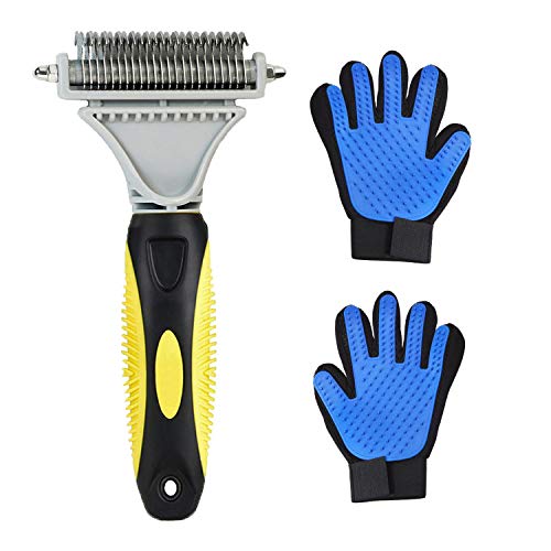 Pet Grooming Tool- Dematting Comb/Grooming Glove Set, 2 Sided Undercoat Grooming Rake for Cats/Dogs, Safely and Easily Removes Matted Tangles, Deshedding Brush Glove- Efficient Pet Hair Remove-2Pack