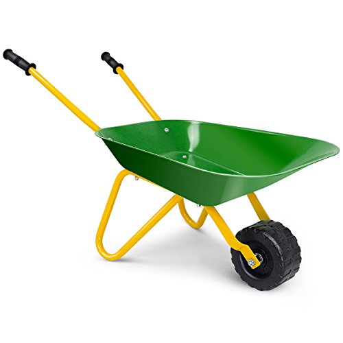 Costzon Kids Metal Wheelbarrow, Yard Rover Steel Tray, Metal Construction Toys Kart, Tote Dirt/Leaves/Tools in Garden for Toddlers, Green