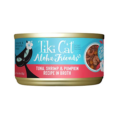 Tiki Cat Aloha Friends Grain-Free, Low-Carbohydrate Wet Food with Flaked Tuna for Adult Cats & Kittens, 3oz, 12 cans, Tuna, Shrimp & Pumpkin