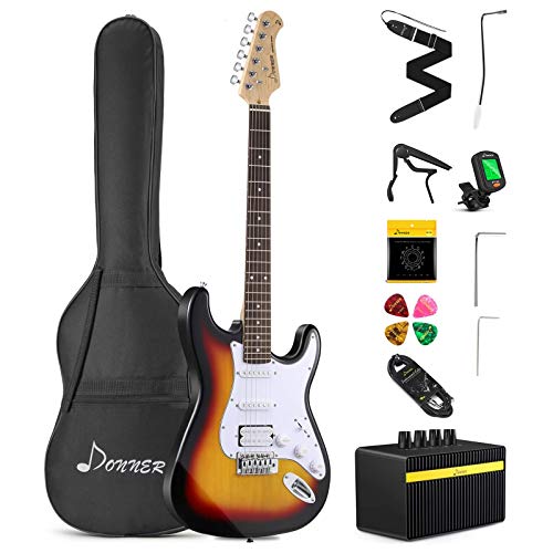 Donner DST-102S Solid Body 39 Inch Full Size Electric Guitar Kit Sunburst, Beginner Starter, with Amplifier, Bag, Capo, Strap, String, Tuner, Cable, Picks