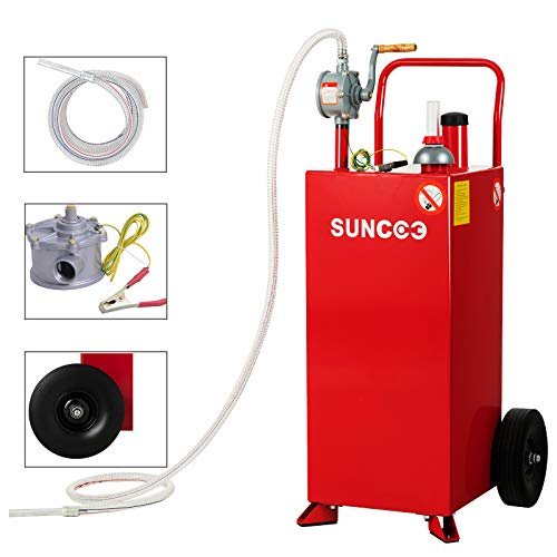 SUNCOO 30 Gallon Fuel Tank on Wheels, Portable Gas Caddy, Fuel Storage Tank with Pump, Long Kink Free Hose for ATVs, Cars, Mowers and Generators, Red