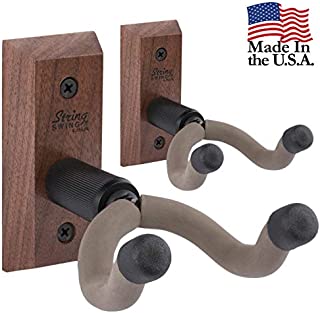 String Swing Guitar Hanger - Holder for Electric Acoustic and Bass Guitars - Stand Accessories Home or Studio Wall - Musical Instruments Safe without Hard Cases - Black Walnut Hardwood CC01K-BW 2-Pack