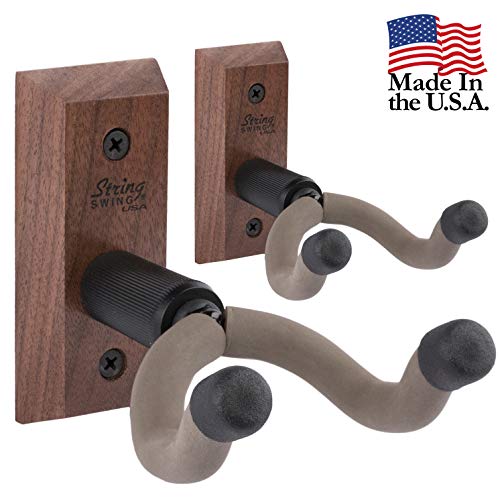 String Swing Guitar Hanger - Holder for Electric Acoustic and Bass Guitars - Stand Accessories Home or Studio Wall - Musical Instruments Safe without Hard Cases - Black Walnut Hardwood CC01K-BW 2-Pack