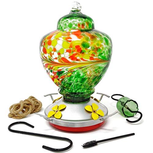 Hummingbird Feeder - HQ Blown Glass - High Capacity Nectar - Vibrant Colors Attract Hummingbirds - Free Mounting Kit (Emerald Green)