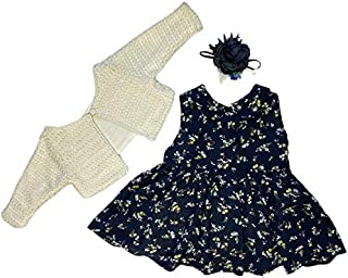 Baby Girl Dress Set with Cardigan for 0-3, 3-6, 6-9, 12-18 Months (Navy Flower Dress - White Cardigan, 12-18 Months)