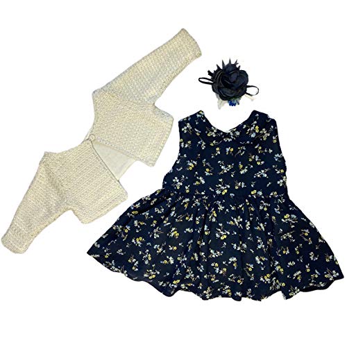 Baby Girl Dress Set with Cardigan for 0-3, 3-6, 6-9, 12-18 Months (Navy Flower Dress - White Cardigan, 12-18 Months)