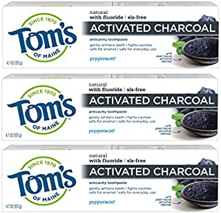 Tom's of Maine Activated Charcoal Toothpaste, Natural Toothpaste, Peppermint with Fluoride, 4.7 oz 3 Pack