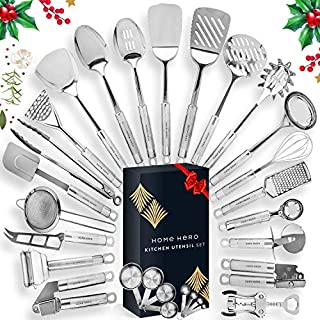 HOME HERO Stainless Steel Kitchen Utensil Set - 29 Cooking Utensils - Nonstick Kitchen Utensils Cookware Set with Spatula - Best Kitchen Gadgets Kitchen Tool Set Gift