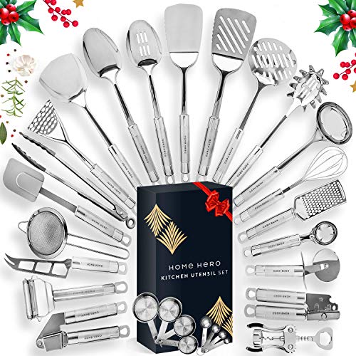 HOME HERO Stainless Steel Kitchen Utensil Set - 29 Cooking Utensils - Nonstick Kitchen Utensils Cookware Set with Spatula - Best Kitchen Gadgets Kitchen Tool Set Gift